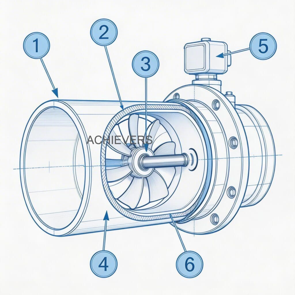 Schematic cross-section of an Oil Flow Meter showing the internal fluid path, oval gear positions, and sensor pickup locations