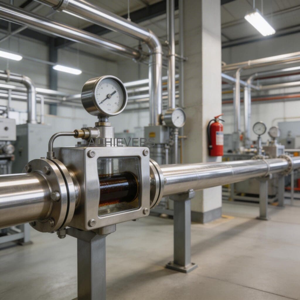 Well-maintained Oil Flow Meter installation integrated into a heavy industrial lubrication system at a global processing plant