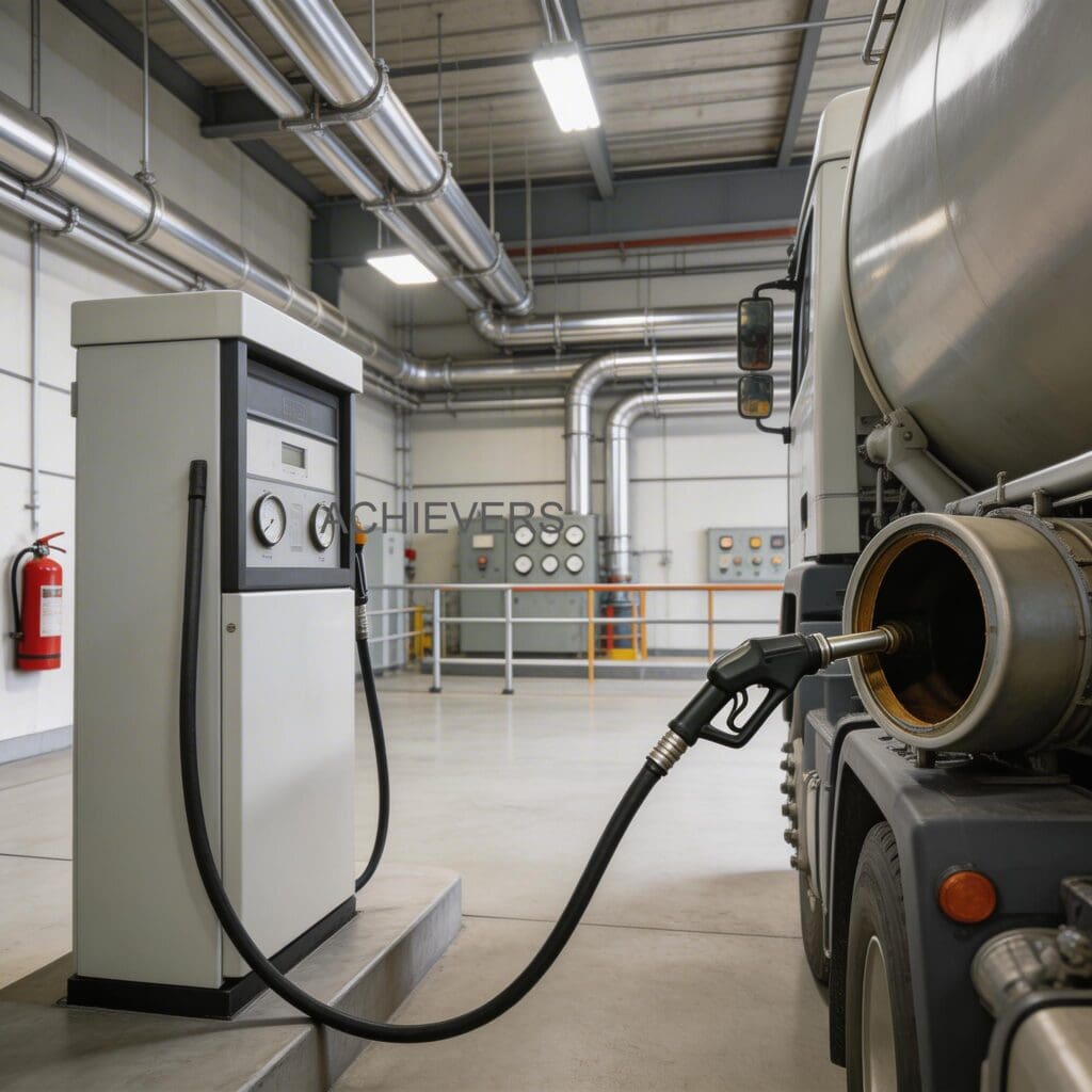 Industrial Diesel Dispenser operating productively at a global fleet depot with proper housekeeping and concrete containment pad