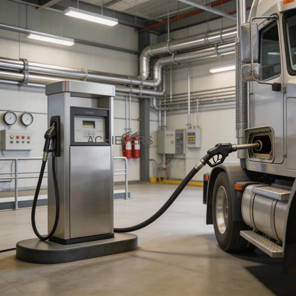 Well-maintained Diesel Dispenser installation at a clean global industrial site, showing proper hose management and leveled concrete mounting