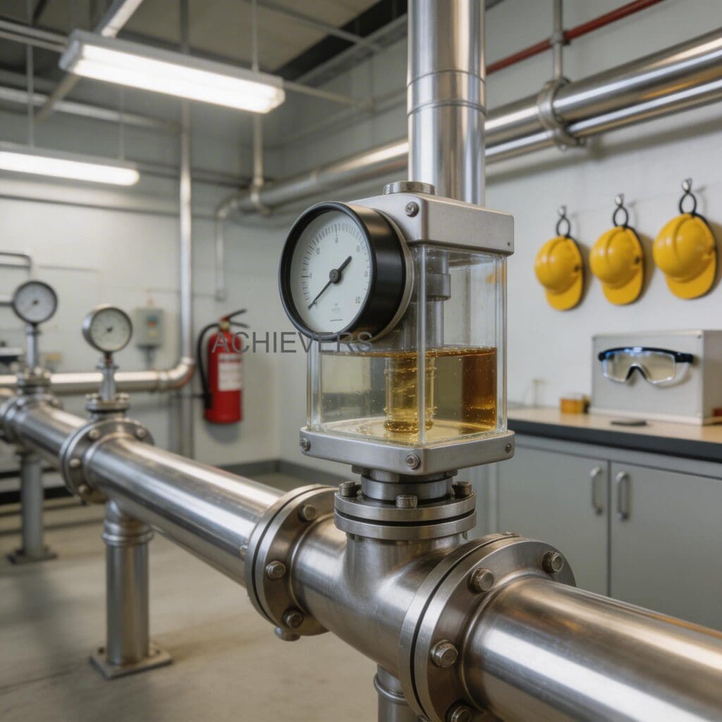 Site operator calibrating a flange-mounted diesel flow meter at an industrial bulk fuel terminal
