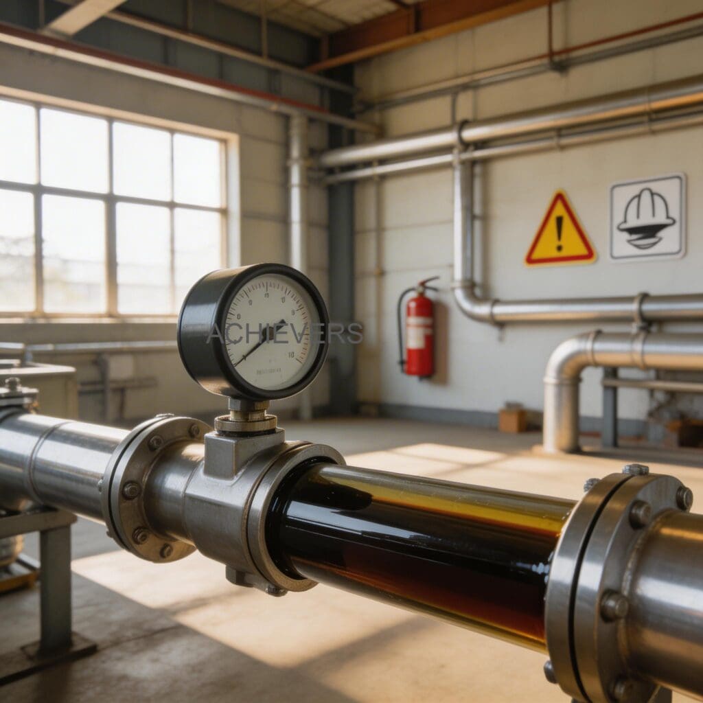 Diesel Flow Meter installed on a heavy industrial pipeline at an Indian manufacturing facility, showing flange connections and a Y-strainer