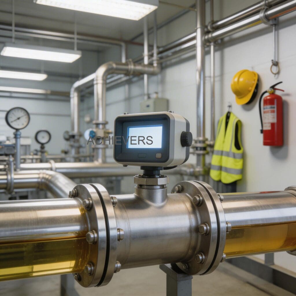 Well-maintained Diesel Flow Meter installation at a global industrial site with clear upstream strainer and isolation valves