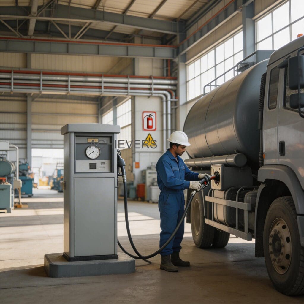 Contractor issuing printed fuel receipt from the digital Fuel Dispenser to a backhoe loader operator at a dusty EPC site in Maharashtra