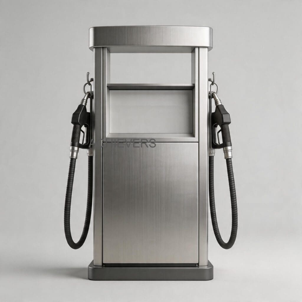 Fuel Dispenser with labeled components highlighting high-capacity gear pump, positive displacement flow meter, and inlet strainer