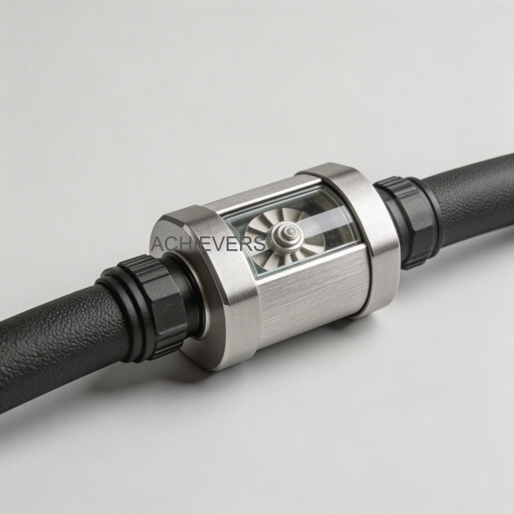 Positive displacement Fuel Flow Meter with labeled components highlighting the digital display, self-lubricating gear assembly, and inlet/outlet flanges for maintenance access