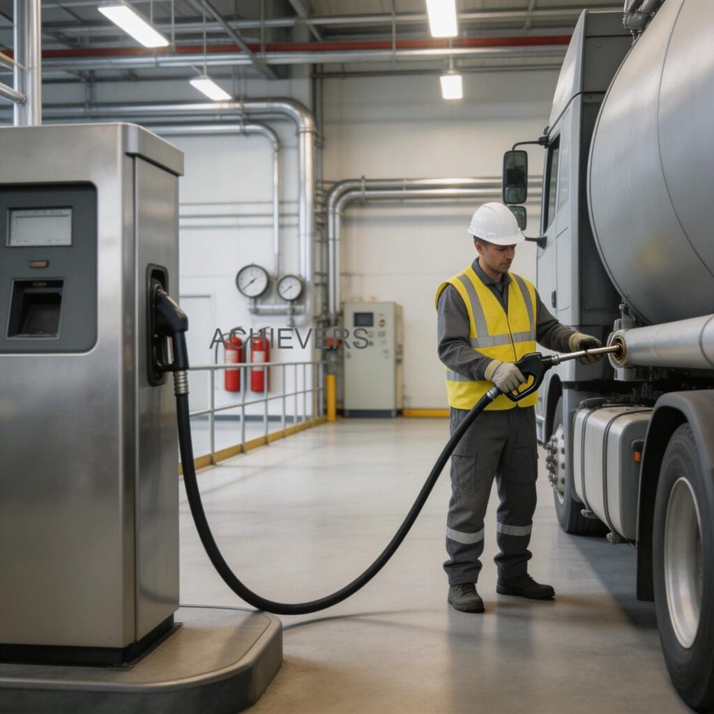 Heavy-duty DC powered Fuel Dispenser securely mounted on a mobile fuel bowser actively dispensing diesel into off-highway construction machinery