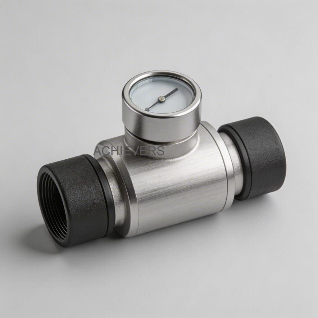 Oil Flow Meter with labeled components highlighting the aluminum housing, integrated mesh strainer, removable digital register, and oval gear chamber