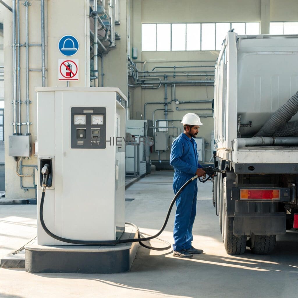 Plant operator using an auto shut-off nozzle to refuel a cement transit mixer from a fixed high-standing diesel dispensing unit with integrated receipt printer
