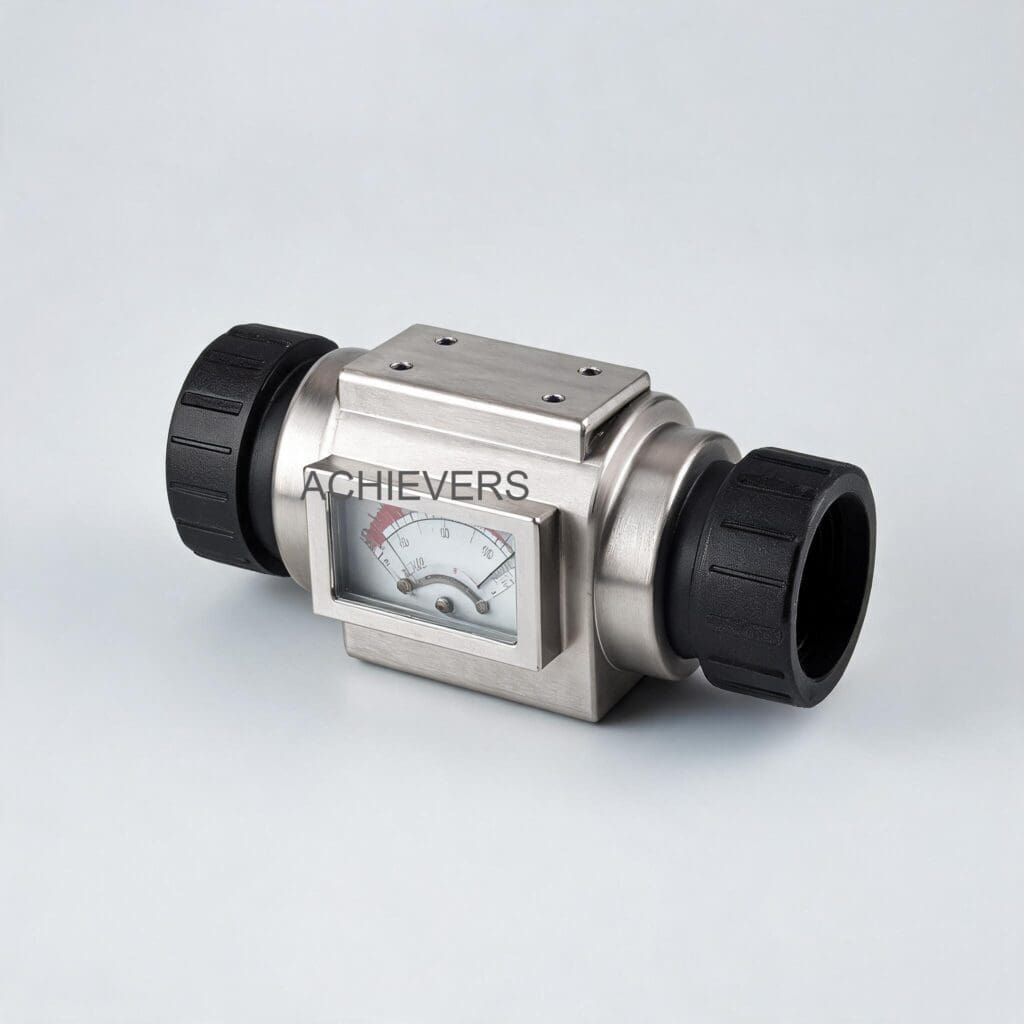 Close-up of a rugged Diesel Flow Meter installed on a heavy-duty steel plant day tank feed line, showing the 9x4 digit electronic counter covered in light industrial dust but clearly legible