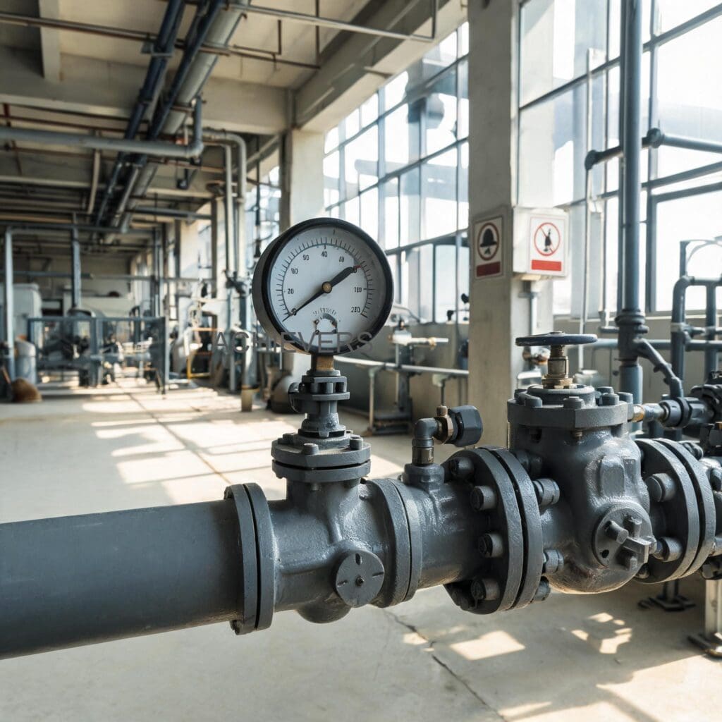 An industrial operator in hardhat and safety gear noting down the totalized flow reading from a Flange Type Diesel Flow Meter connected to a reheating furnace fuel line