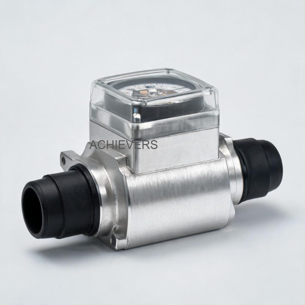 Diesel Flow Meter with labeled components highlighting 9x4 digit electronic counter, flanges, and internal measurement chamber access points