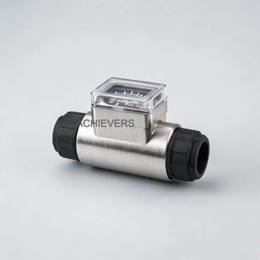 Diesel Flow Meter with labeled components highlighting 9x4 digit electronic counter, measurement chamber, and flange connections
