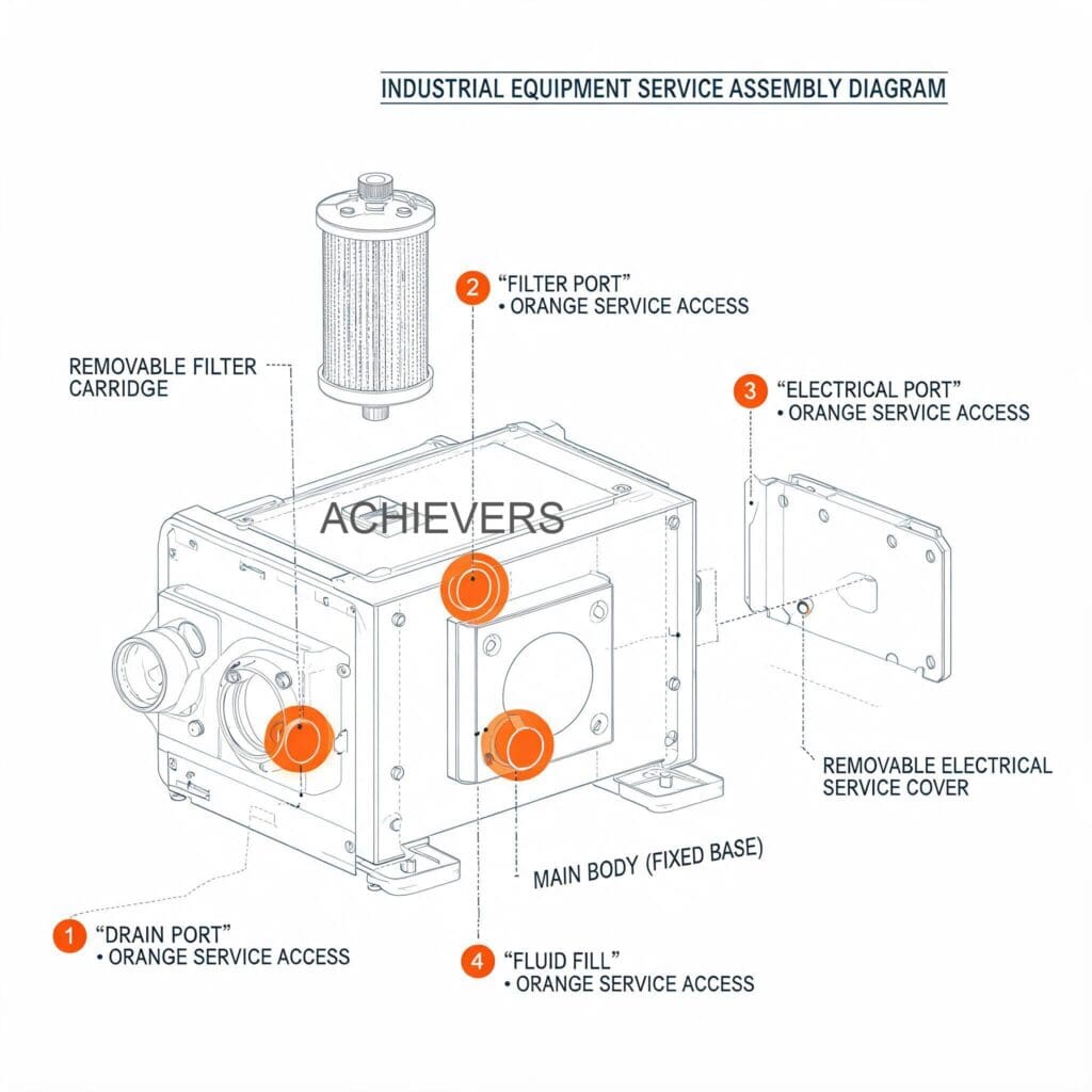 Maintenance diagram of Diesel Flow Meter showing service access points, strainer locations, and replaceable seal assemblies