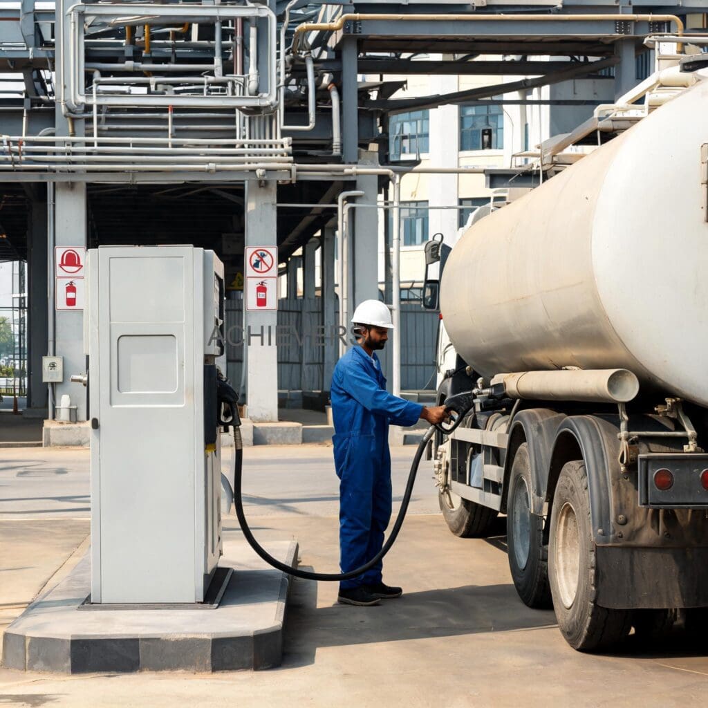 Fuel Dispenser installed on a mobile bowser dispensing diesel into heavy construction machinery at an Indian mining site