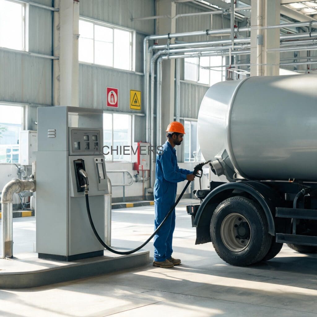 Fuel Dispenser operating productively at Indian industrial site with proper housekeeping, shaded dispensing bay, and regular maintenance logging