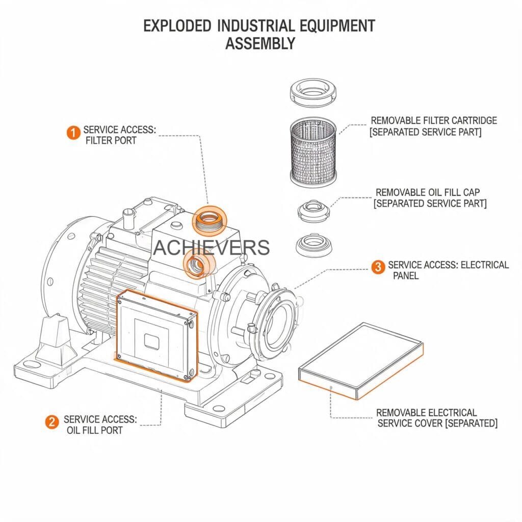 Exploded view diagram of the positive displacement flow meter showing service access points, gear alignment, and replaceable O-ring seals for routine maintenance