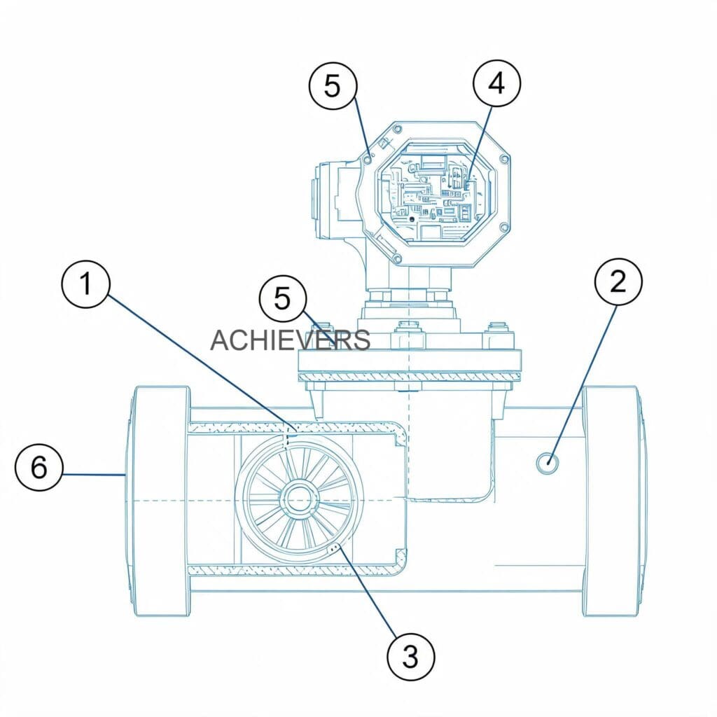 Technical diagram of a positive displacement flow meter highlighting measuring chamber, self-lubricating gears, and pulse output connections
