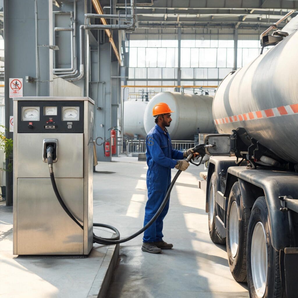 Fuel Dispenser installed and operating at an Indian industrial facility showing correct setup