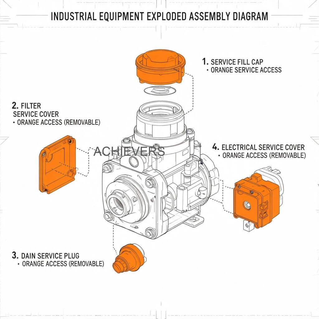 Exploded view of oval gear Oil Flow Meter showing service access points, seal locations, and replaceable components